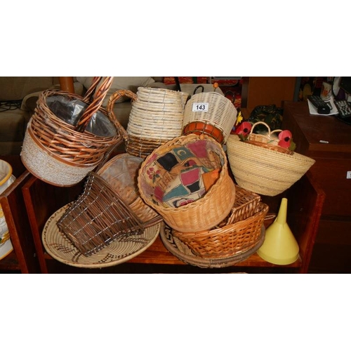 143 - Two shelves of wicker pots etc., (collect only)