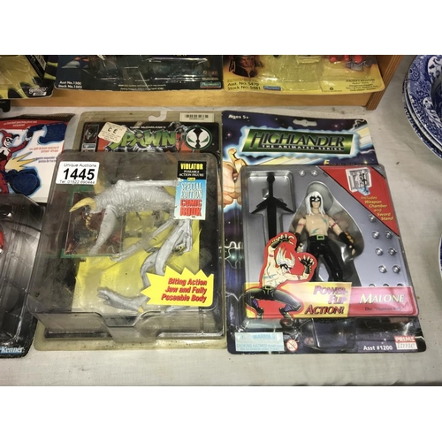 1445 - A collection of mainly unopened action figures comic & TV related including DC Harley Quinn with kno... 