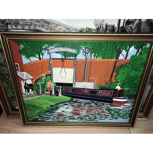 1465 - A watercolour & an oil on board of a Canal narrow boat (41cm x 33.5cm & 56cm x 46cm) (Collect only)