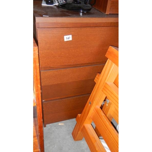 147 - A three drawer mahogany chest. (collect only)