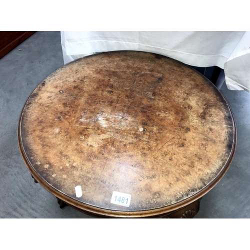 1481 - A 1920's walnut veneered coffee table on Anthemion embellished legs with ball & claw feet