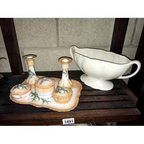 1491 - A blue & white platter, rose bowl & trinket set