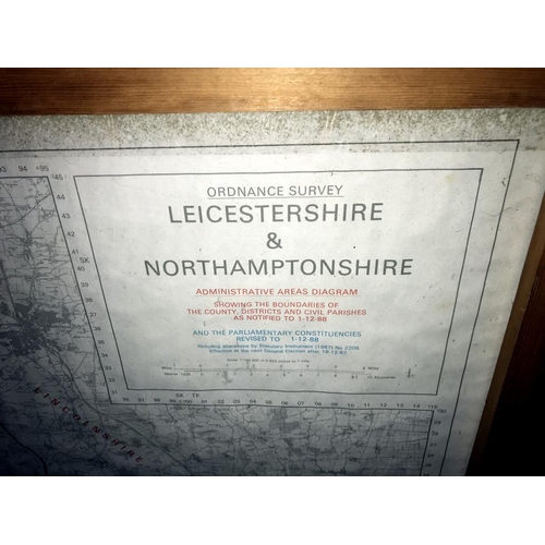 1508 - A large pine framed ordnance survey map of Leicester & Northamptonshire (106cm x 132cm) (Collect onl... 