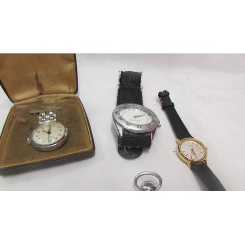 2120 - Two pocket watches, a gent's and a ladies wrist watch and a nurses watch.