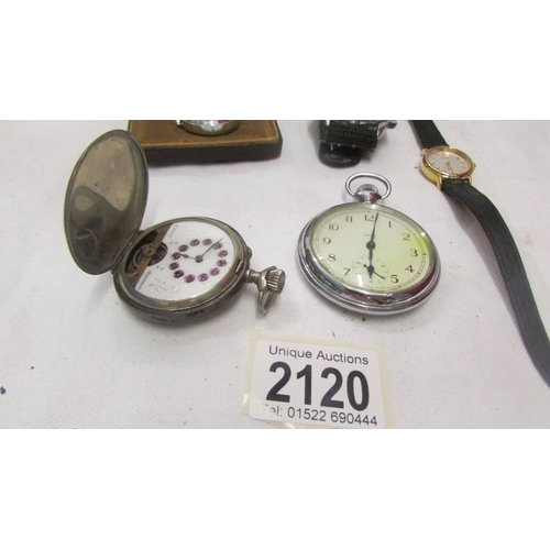 2120 - Two pocket watches, a gent's and a ladies wrist watch and a nurses watch.