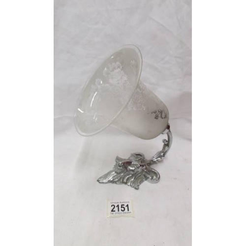 2151 - A 1930's chrome rams head wall light with acid etched glass shade.