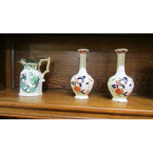 2506 - Three Mason's ironstone jugs, pair of vases, 2 clocks, 3 plates and 2 other items.