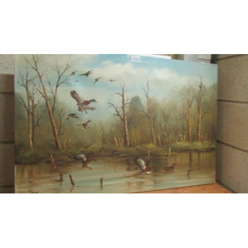 2524 - An unframed oil on canvas of ducks in flight signed Simpson. (collect only)