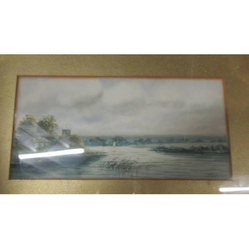 2544 - A pair of gilt framed and glazed watercolours of water/cottage scenes signed J Russell, images 24 x ... 