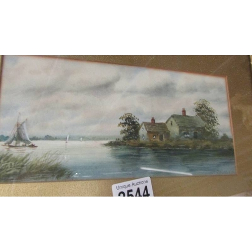 2544 - A pair of gilt framed and glazed watercolours of water/cottage scenes signed J Russell, images 24 x ... 