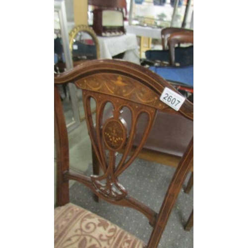 2607 - An Edwardian mahogany inlaid bedroom chair. (collect only)