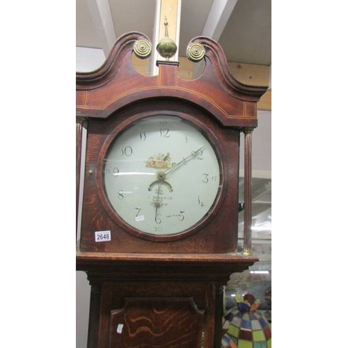 2648 - An oak cased Grandfather clock marked I Mawkes, Derby and dated Oct. 30 03. (collect only)