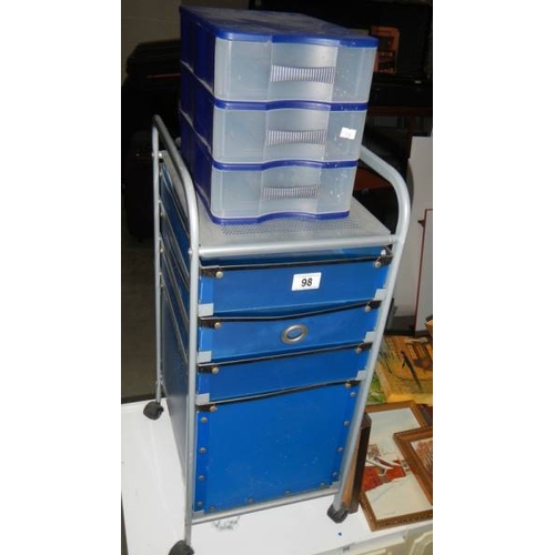 98 - A modern filing chest on castors and a three drawer plastic chest. (collect only)