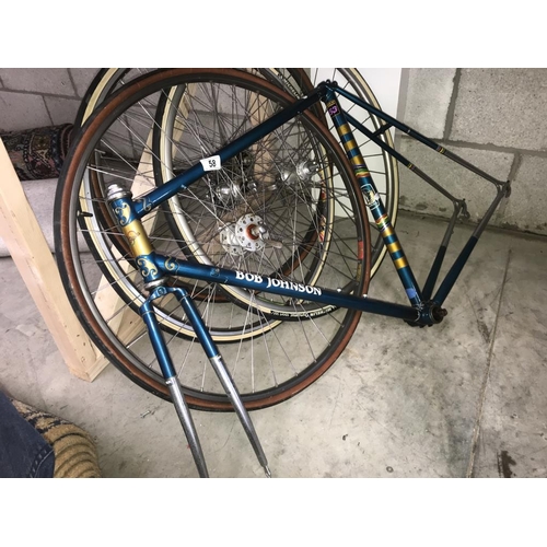 58 - A Bob Johnson cycle frame and 4 good cycle wheels. (collect only)