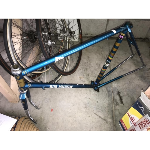 58 - A Bob Johnson cycle frame and 4 good cycle wheels. (collect only)