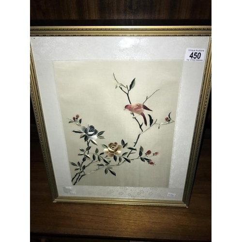 450 - A framed and glazed embroidery of a bird. (collect only)