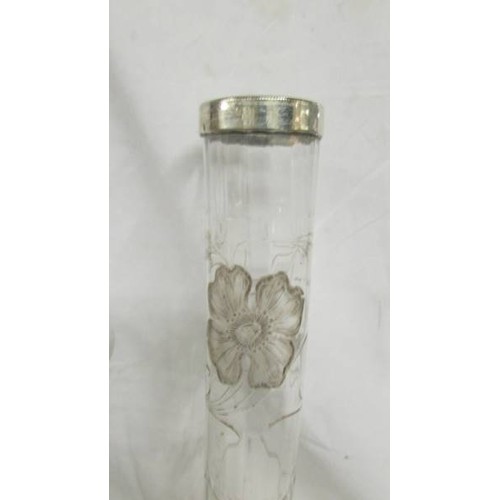 202 - One tall glass vases with silver rims and one other with unmarked rim which appears silver.