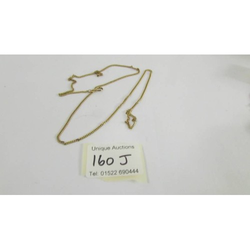 160J - A 9ct gold chain, a gold cuff link and a gold kettle charm, 8.5 grams.