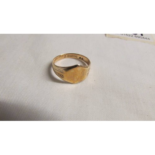 1037 - A 9ct gold signet ring, size R, 2.8 grams and an un-marked signet ring, size R, 4 grams.