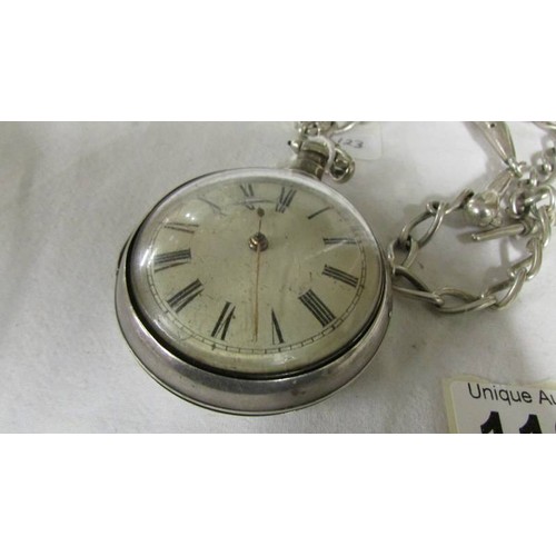 1122 - A silver pocket watch in protective outer case on a 53 gram silver watch chain.