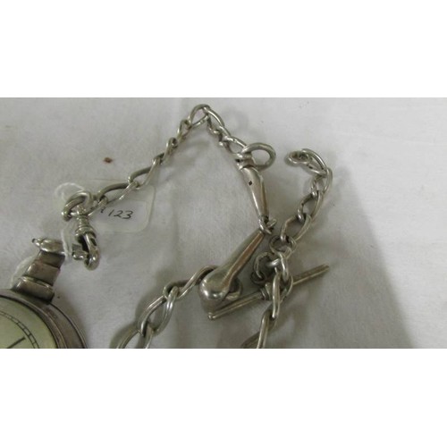 1122 - A silver pocket watch in protective outer case on a 53 gram silver watch chain.