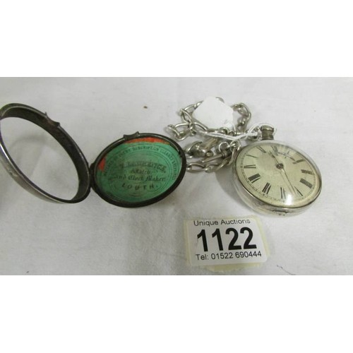 1122 - A silver pocket watch in protective outer case on a 53 gram silver watch chain.