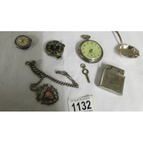 1132 - A mixed lot of pocket watches, lighter, watch fob etc.,