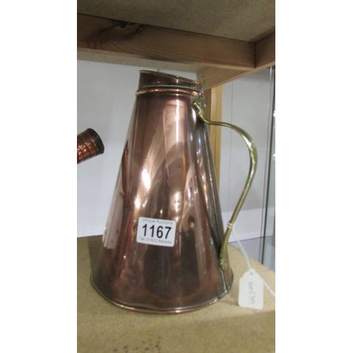 1167 - A 19th century copper wine muller and an antique copper jug.