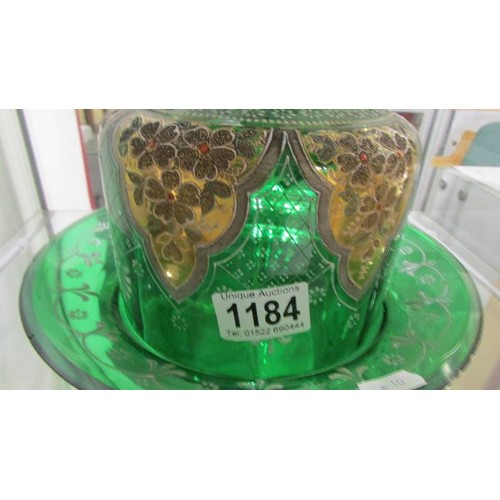 1184 - A Victorian hand decorated green glass stilton dome (a/f, many chips to base).