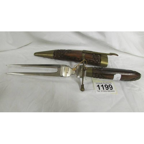 1199 - A Two pronged dagger with a wooden sheath.