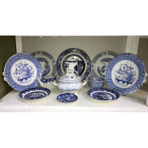 38 - A mixed lot of blue and white plates, jug, sauce tureen etc.