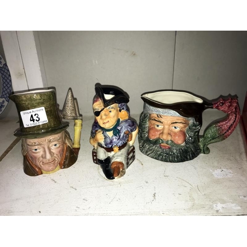 43 - Long John Silver Toby jug, Neptune Toby jug and Beswick character jug (repaired)