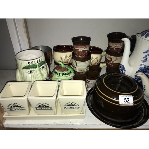 52 - 2 shelves of kitchenalia including Piquot ware tea set etc. COLLECT ONLY