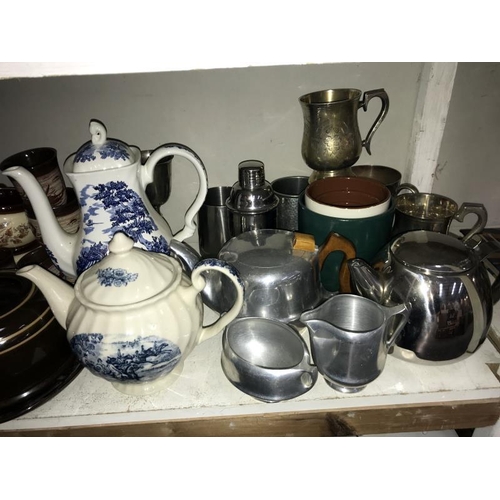 52 - 2 shelves of kitchenalia including Piquot ware tea set etc. COLLECT ONLY