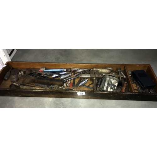 58 - An old wooden tray of vintage tools etc.  COLLECT ONLY