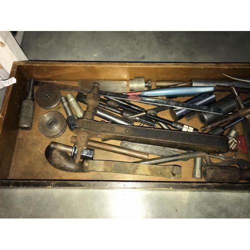 58 - An old wooden tray of vintage tools etc.  COLLECT ONLY