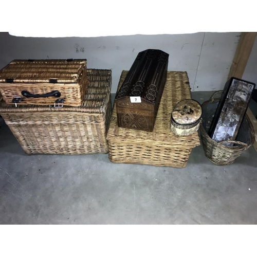 7 - A selection of wicker baskets (fishing, picnic) plus boxes etc. COLLECT ONLY