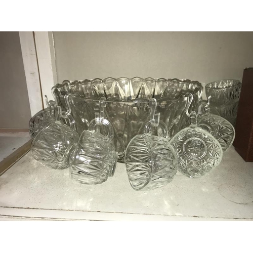 70 - A large glass punch bowl, with 12 cups (missing 3 clips) and boxed Stuart and Royal Scot crystal gla... 