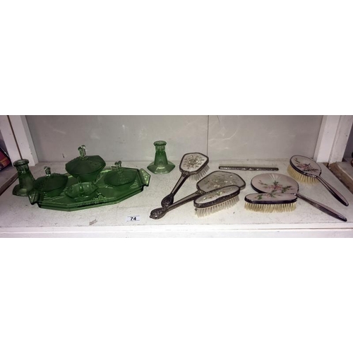 74 - An art deco green glass dressing table trinket set (few minor nibbles in places) and 2 sets of vinta... 