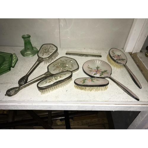 74 - An art deco green glass dressing table trinket set (few minor nibbles in places) and 2 sets of vinta... 