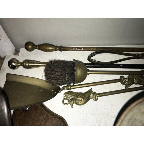 81 - Antique cast iron kitchen scales, copper dollies, brass fire irons etc.