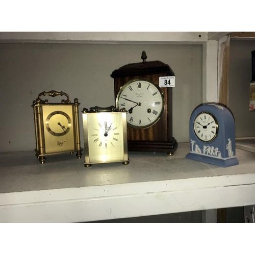 84 - A Woodford mahogany 8 day mantle clock, Wedgwood blue Jasperware clock and 2 carriage clocks