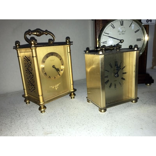 84 - A Woodford mahogany 8 day mantle clock, Wedgwood blue Jasperware clock and 2 carriage clocks