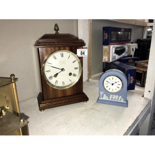 84 - A Woodford mahogany 8 day mantle clock, Wedgwood blue Jasperware clock and 2 carriage clocks