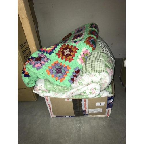 2 - A double patchwork style bedcover with 2 pillow cases and a crocheted throw