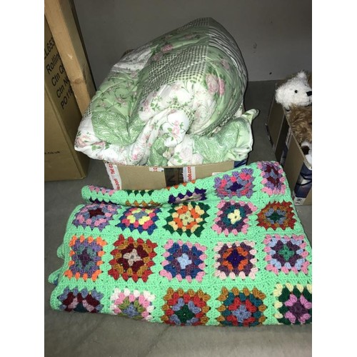 2 - A double patchwork style bedcover with 2 pillow cases and a crocheted throw