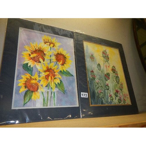 573 - Two unframed floral watercolour paintings.