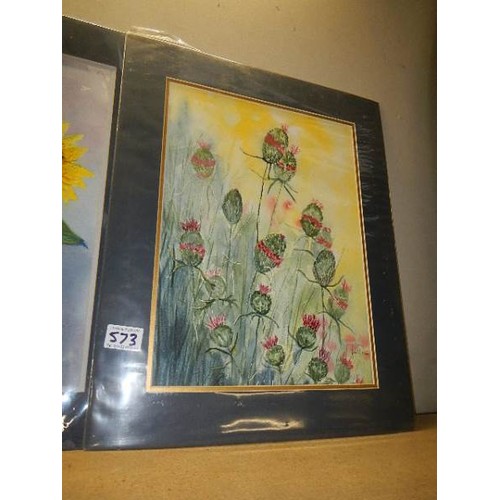 573 - Two unframed floral watercolour paintings.