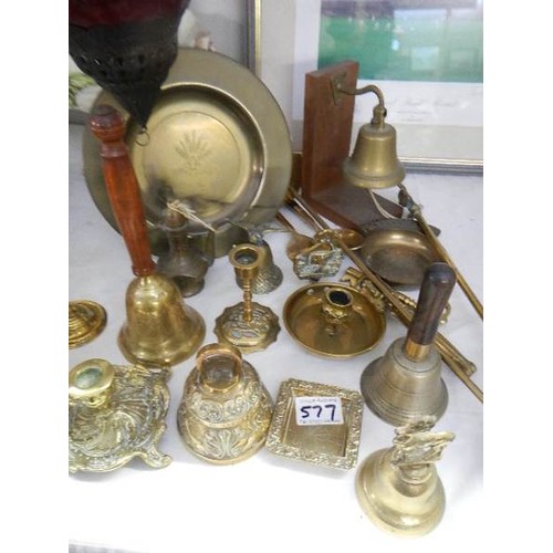 577 - A good mixed lot of brass ware.