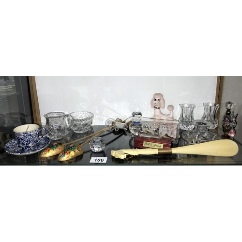 106 - A shelf of miscellaneous collectables including cut glass, ship in bottle & pewter fairy etc.